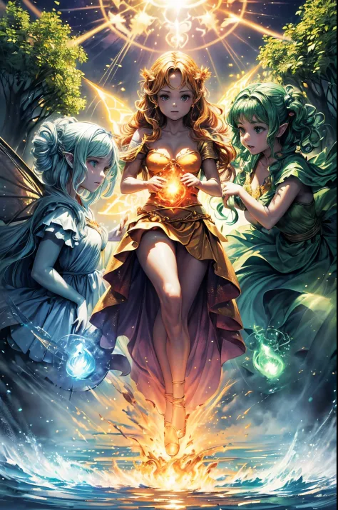 (((4 meninas))), (((obra-prima))), ((melhor qualidade)), (super detalhe), cinematiclight, four fairies that represent the 4 mate...