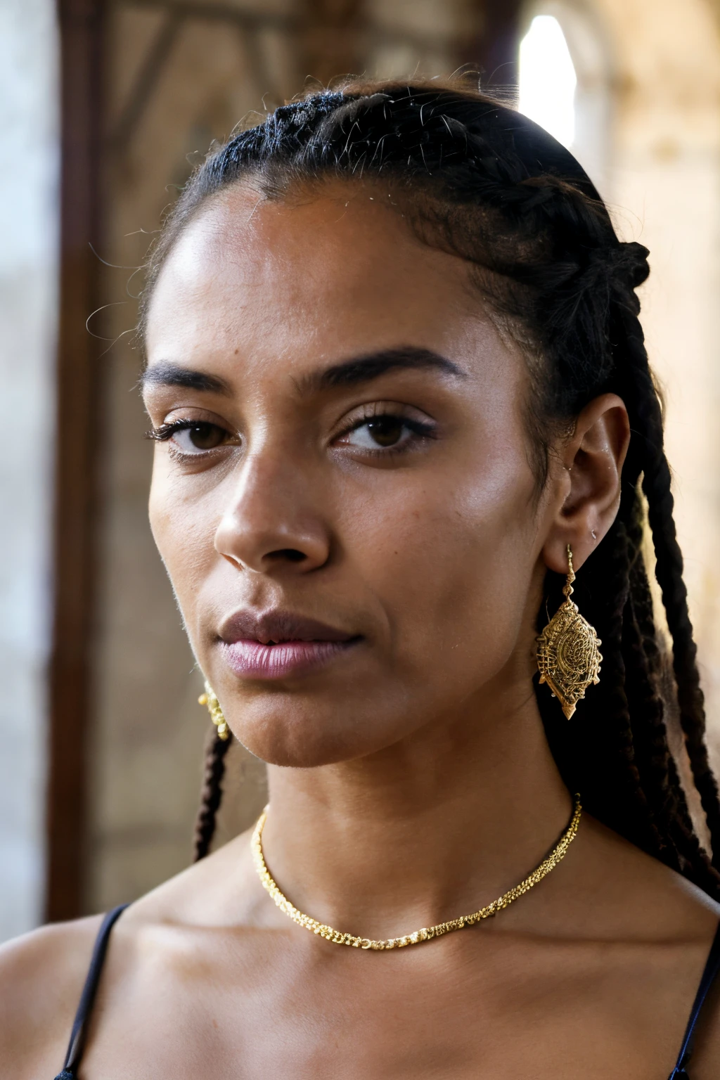 A close up of a woman with a necklace and earrings - SeaArt AI