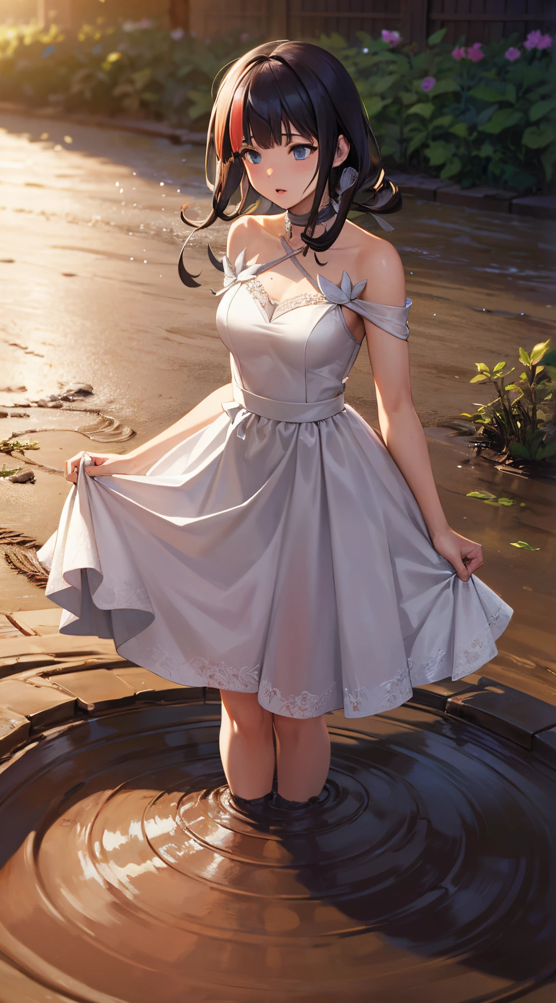 masterpiece, great quality, ultra detail, illustration, game cg, 1girl, solo, (FGOErice), (sinking in mud:1.3), scared, lips parted, garden, (wedding dress)