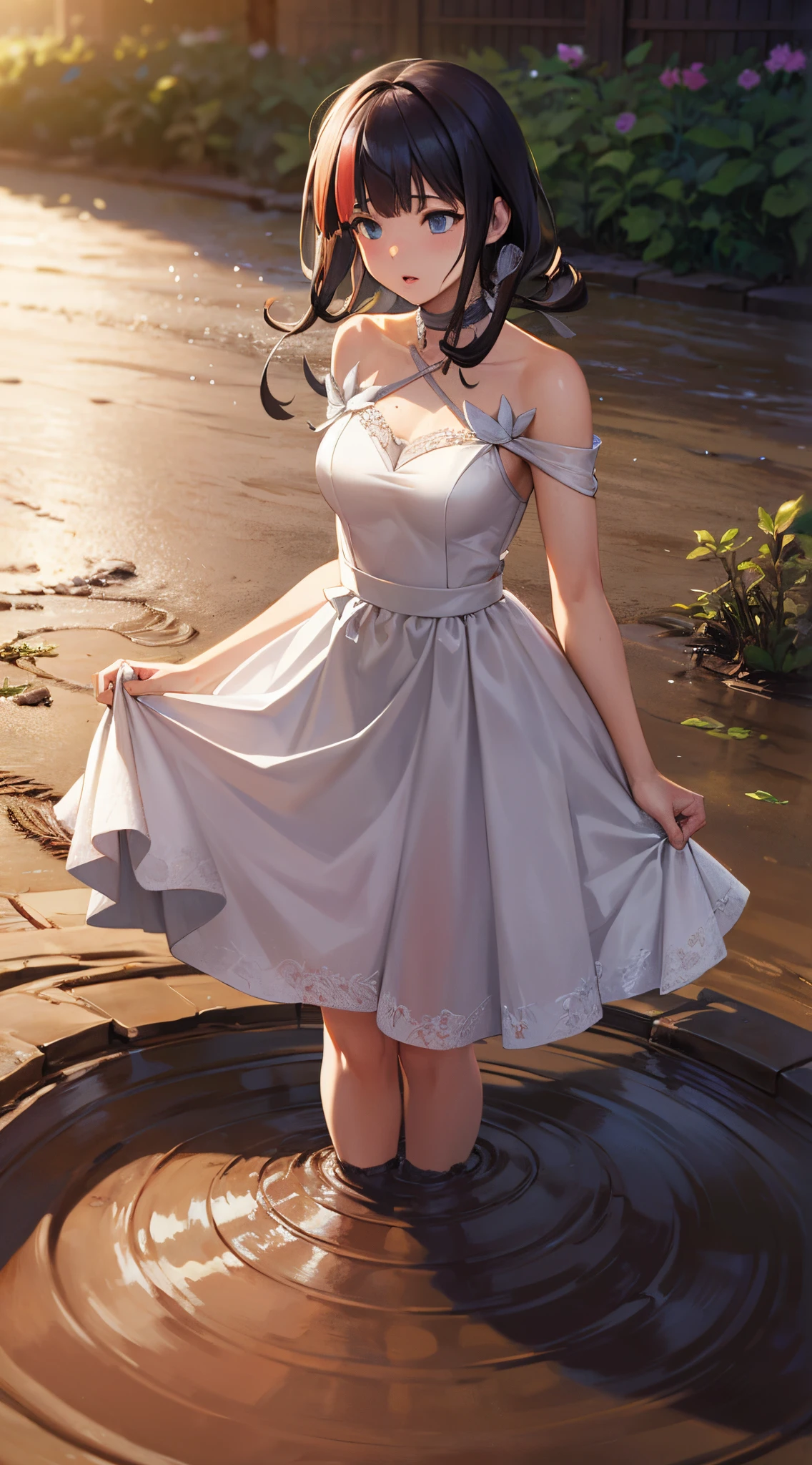 obra maestra, gran calidad, ultra detalle, ilustración, juego cg, 1 chica, solo, (FGOErice), (hundiéndose en el barro:1.3), asustado, labios entreabiertos, jardín, (Vestido de novia)