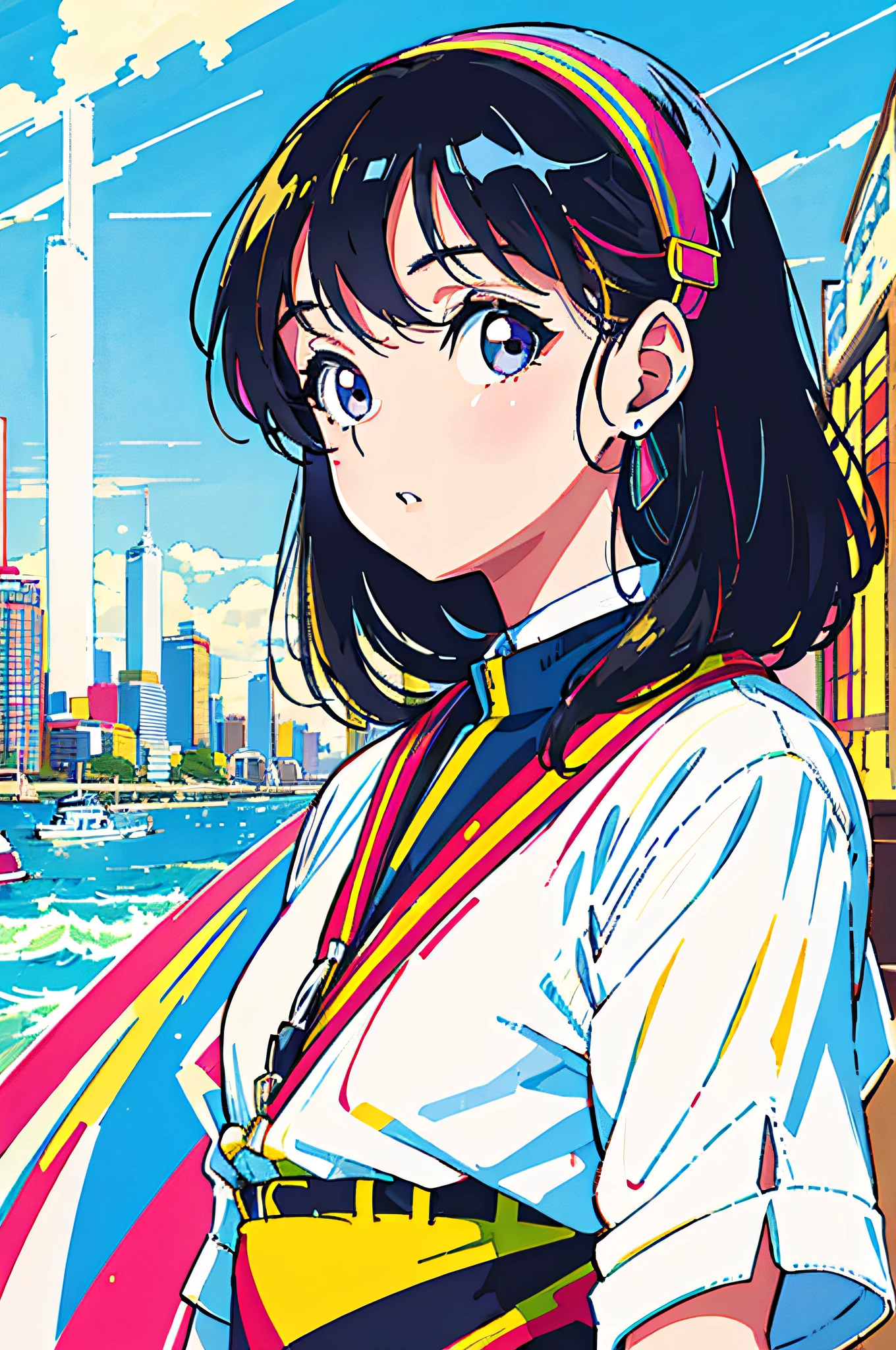 (flat color:0.9),(colorful:1.1),(masterpiece:1,2),retro,city pop, best quality, masterpiece, highres, original, extremely detailed wallpaper, looking at viewer,,,1girl,solo,Girl,Portrait