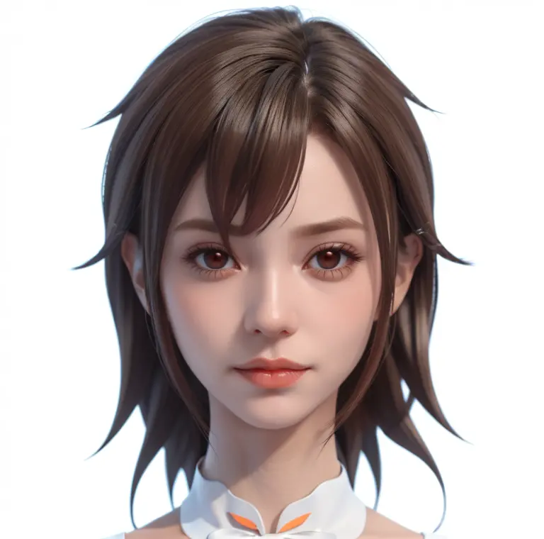 Anime girl with brown hair and orange eyes in a white shirt, Erstellt mit Anime Painter Studio, Realistischer Anime-3D-Stil, Det...