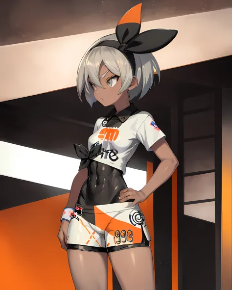 (skullgirls-48600:0.9), bea \(pokemon\), bodysuit, bodysuit under clothes, print shirt, print shorts, hands on hips, grey eyes, ...