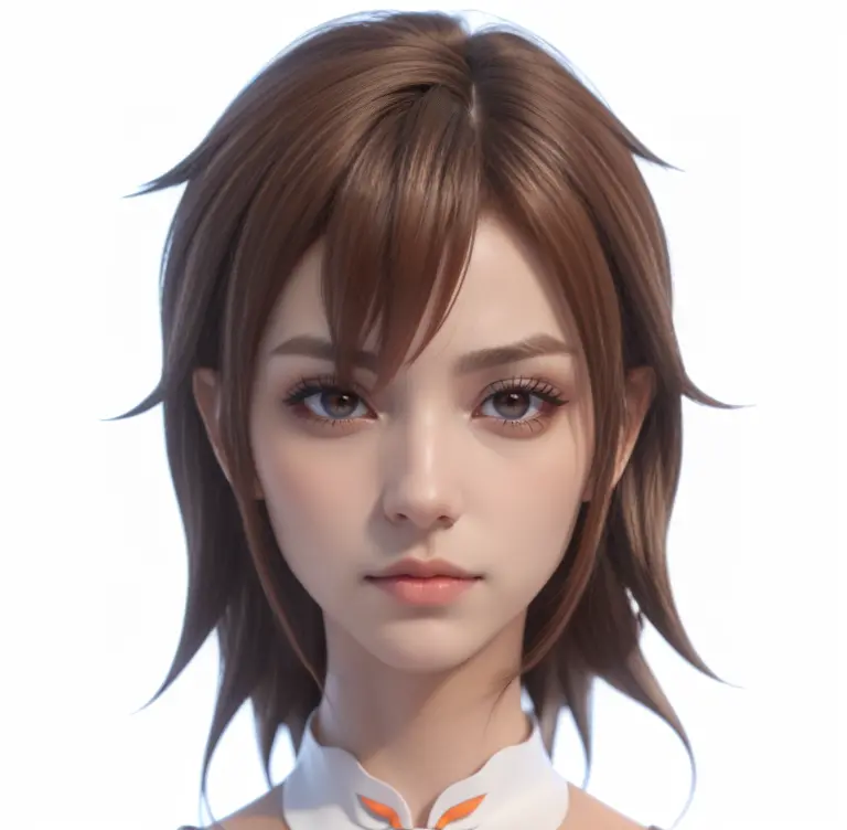 Anime girl with brown hair and orange eyes in a white shirt, Erstellt mit Anime Painter Studio, Realistischer Anime-3D-Stil, Det...