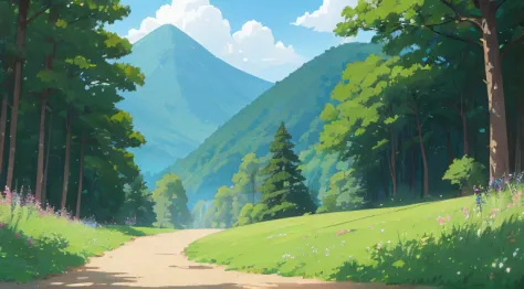 rompts Copy (((best quality)))), an umlaut on a hill with a path leading to forest, anime countryside, anime background art, ani...