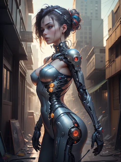 ((extremely delicate and beautiful cybernetic girl)), ((mechanical limblood vessels connected to tubeechanical vertebrae), ((mechanical cervical attaching to neck)), (wires and cables attaching to neck:1.2), ((mass of wires and cables on head)),  (characte...