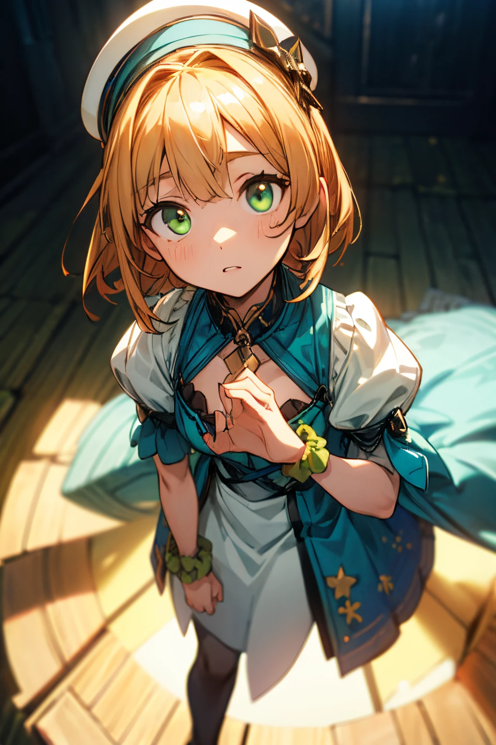 (One girl、Dressed in a dress and hat, girls' frontline, Midsummer themed costumes, multilayered outfit,Dressed, Mid summer、Soio、Top image quality, Transverse conveying，Half-length picture，largeeyes，eye closeup，（with short golden hair），（Green eyes），hair scrunchie，small thighest qualtiy， （stocklings，Elaborate Eyes, head looking up，Reasonable body structure，Young，Extremely detailed face, Perfect lighting, Extremely detailed CG, (Perfect hands, Perfect anatomy)