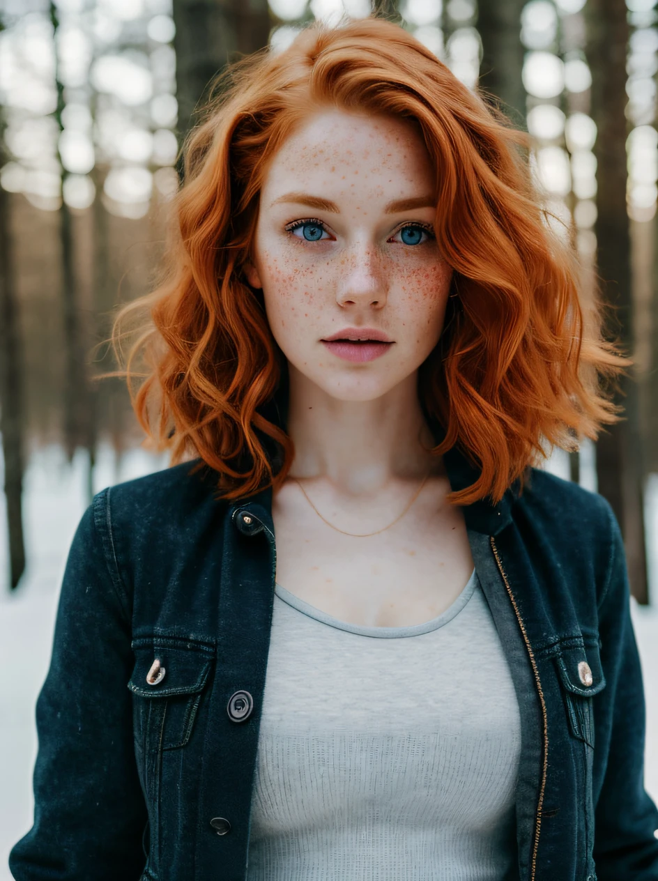 A woman with red hair and freckled hair standing in the snow - SeaArt AI