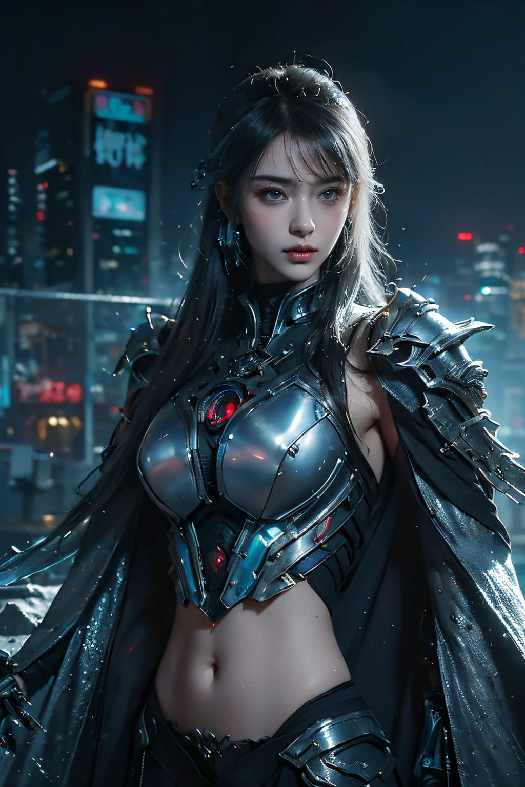 tmasterpiece,Best quality,A high resolution,8K,(Portrait photograph:1.5),(ROriginal photo),real photograph,digital photography,(Combination of cyberpunk and fantasy style),(Female soldier),20-year-old girl,random hair style,By bangs,(Red eyeigchest, accessories,Keep one's mouth shut,elegant and charming,Serious and arrogant,Calm and handsome,(Cyberpunk combined with fantasy style clothing,Openwork design,joint armor,Combat uniformposing your navel,Photo pose,Realisticstyle,gray world background,oc render reflection texture