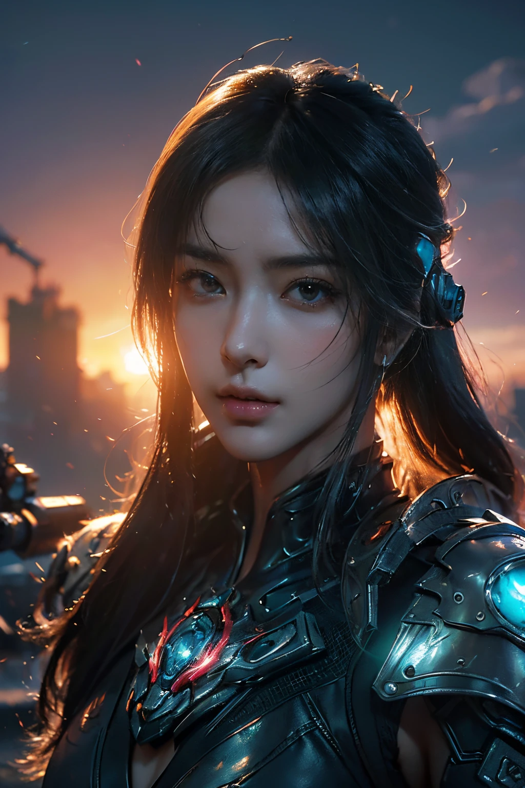 tmasterpiece,Best quality,A high resolution,8k,(Portrait photograph:1.5),(ROriginal photo),real photograph,digital photography,(Combination of cyberpunk and fantasy style),(Female soldier),20-year-old girl,random hair style,By bangs,(Red eyeigchest, accessories,Keep one's mouth shut,elegant and charming,Serious and arrogant,Calm and handsome,(Cyberpunk combined with fantasy style clothing,Openwork design,joint armor,Combat uniformposing your navel,Photo pose,Realisticstyle,early evening,Sunset background,Light magic,oc render reflection texture