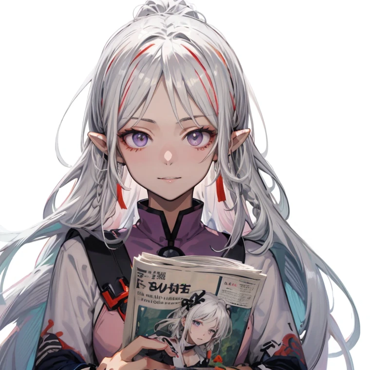 anime girl with long white hair and purple shirt on newspaper, perfect white haired girl, girl with white hair, beautiful anime portrait, anime style illustration, clean detailed anime art, anime aesthetic, detailed portrait of anime girl, beautiful anime style, white haired, detailed anime character art, anime illustration, beautiful anime art style, clean detailed anime style, anime graphic illustration