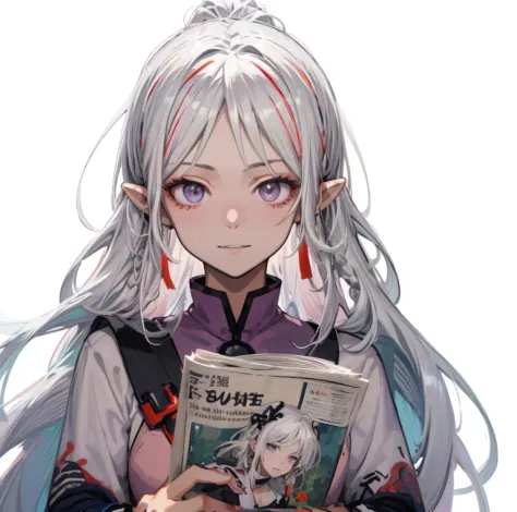 anime girl with long white hair and purple shirt on newspaper, perfect white haired girl, girl with white hair, beautiful anime ...