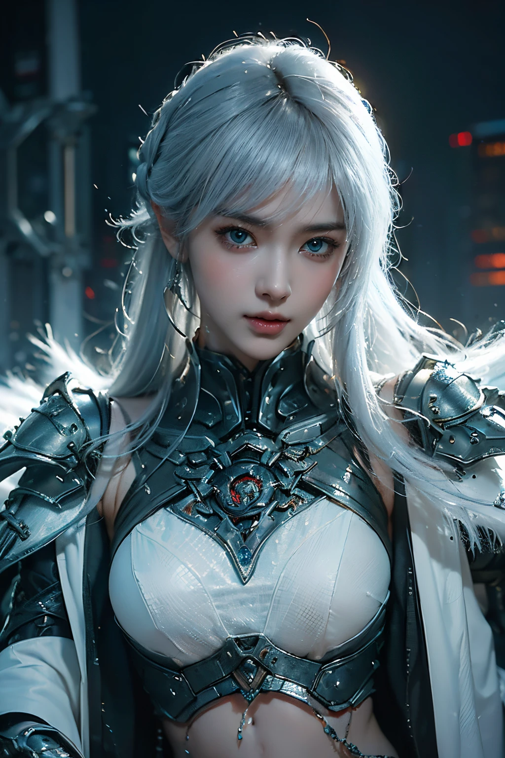 tmasterpiece,Best quality,A high resolution,8K,(Portrait photograph:1.5),(ROriginal photo),real photograph,digital photography,(Combination of cyberpunk and fantasy style),(Female soldier),20-year-old girl,random hair style,white color hair,By bangs,(Red eyeigchest, accessories,Keep one's mouth shut,elegant and charming,Serious and arrogant,Calm and handsome,(Cyberpunk combined with fantasy style clothing,Openwork design,joint armor,Combat uniforms,White clothes,white colorposing your navel,Photo pose,Realisticstyle,gray world background,oc render reflection texture