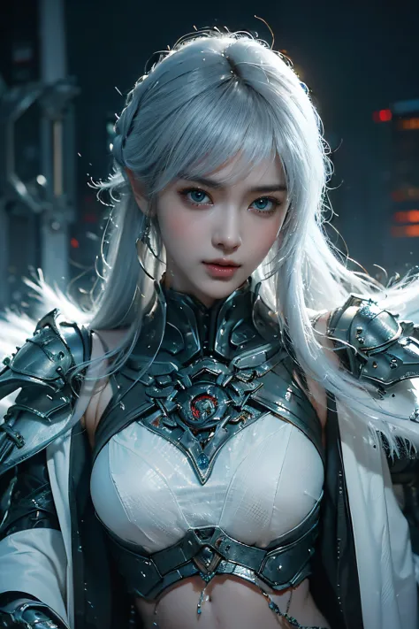 tmasterpiece,Best quality,A high resolution,8K,(Portrait photograph:1.5),(ROriginal photo),real photograph,digital photography,(Combination of cyberpunk and fantasy style),(Female soldier),20岁女孩,random hair style,white color hair,By bangs,(Red eyeigchest, ...