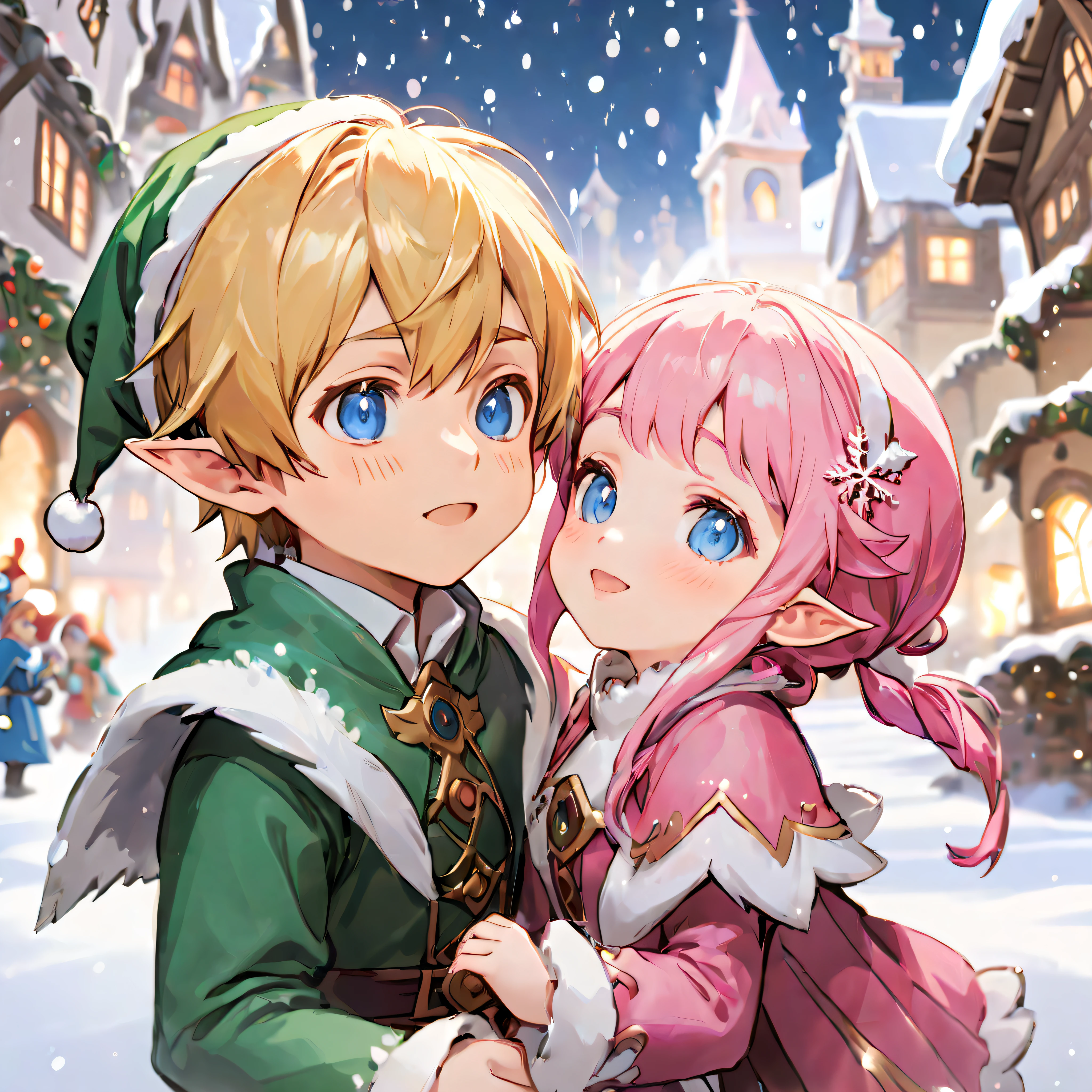 Final Fantasy 14, (elf ear), (1boy, Lalafell, golden hair, blue eyes), (1girl, lalafell, (pink hair) and blue eyes) both dressed in festive holiday attire, Close-up, Camera Angle Slightly tilted, Background: A snowy and festive, with snowflakes gently falling, creating a magical winter wonderland, best quality, masterpiece, ultra-detailed, 8k, depth of field, cinematic composition, Lighting: Soft, twinkling holiday lights casting a warm and festive glow.
