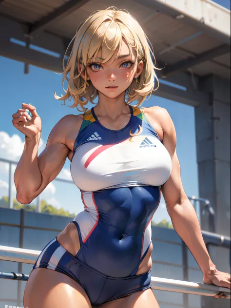 (Best Quality, masutepiece), 1 girl, Pose, track and field athlete,Large breasts,Trained abs,nice legs,In athletics,Detailed beautiful face,Detailed eyes,detailed hairs,detailed  clothes,Detailed realistic skin,
