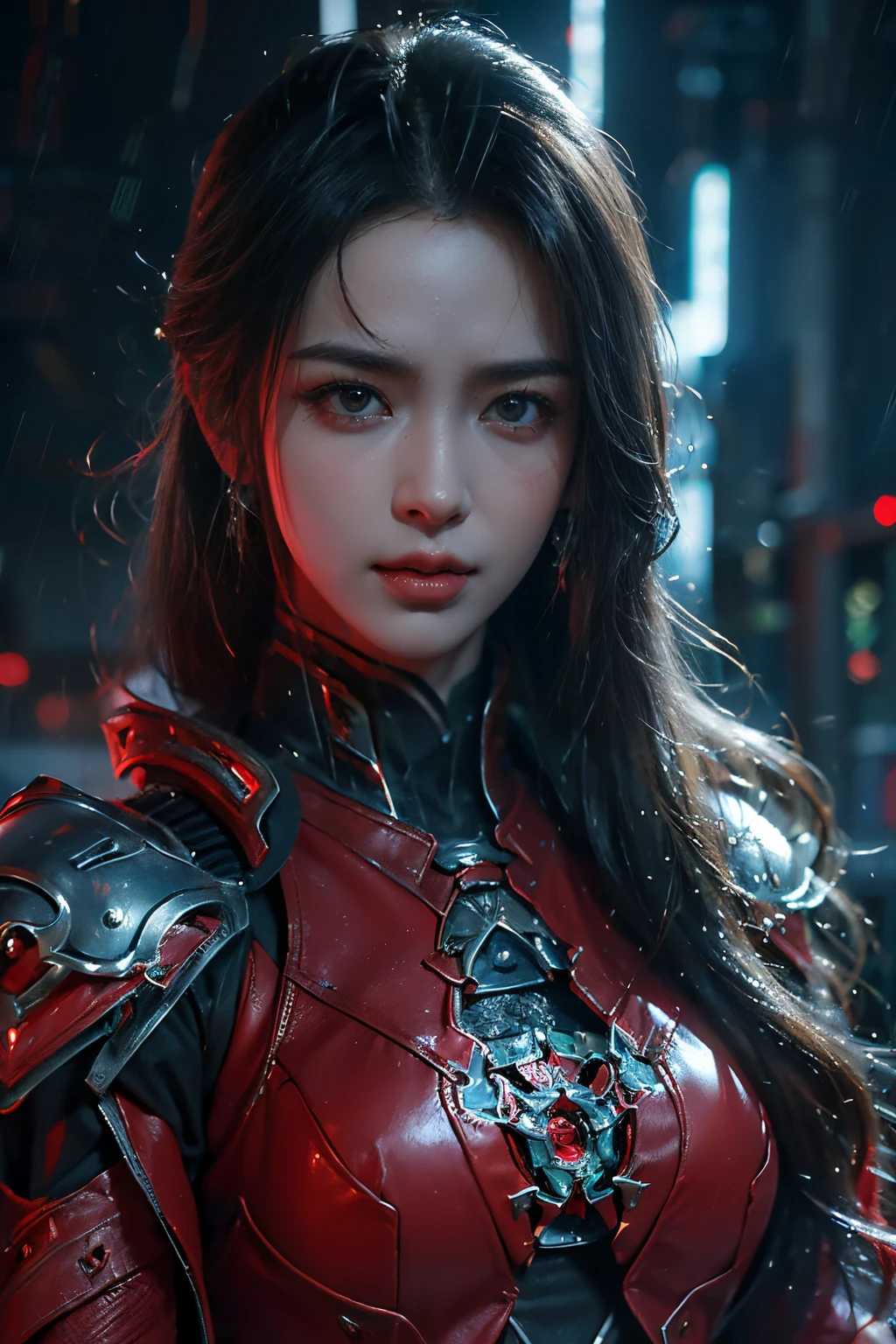 tmasterpiece,Best quality,A high resolution,8K,(Portrait photograph:1.5),(ROriginal photo),real photograph,digital photography,(Combination of cyberpunk and fantasy style),(Female soldier),20-year-old girl,random hair style,By bangs,(Red eyeigchest, accessories,Redlip,(He frowned,Sneer),(Cyberpunk combined with fantasy style clothing,Openwork design,joint armor,police uniforms,Red clothes,red colour),exposing your navel,Photo pose,Realisticstyle,Thunder and lightning on rainy day,(Thunder magic),oc render reflection texture
