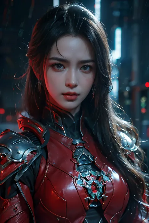 tmasterpiece,Best quality,A high resolution,8K,(Portrait photograph:1.5),(ROriginal photo),real photograph,digital photography,(Combination of cyberpunk and fantasy style),(Female soldier),20岁女孩,random hair style,By bangs,(Red eyeigchest, accessories,Redli...