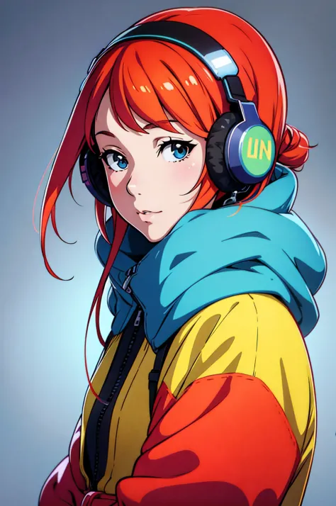 there a woman with headphones on listening to music, digital anime illustration, lofi portrait, anime style 4 k, girl wearing he...