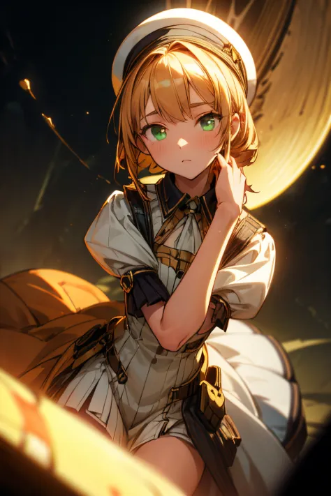 (One girl、Dressed in a dress and hat, girls' frontline, Midsummer themed costumes, multilayered outfit,Dressed, Mid summer、Soio、Top image quality, Transverse conveying，Half-length picture，largeeyes，eye closeup，（with short golden hair），（Green eyes），hair scr...