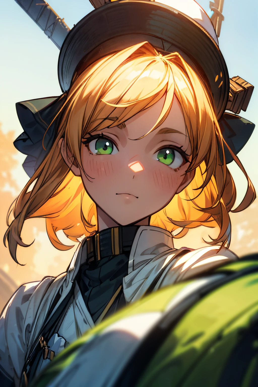 (One girl、Dressed in a dress and hat, girls' frontline, Midsummer themed costumes, multilayered outfit,Dressed, Mid summer、Soio、Top image quality, Transverse conveying，Half-length picture，largeeyes，eye closeup，（with short golden hair），（Green eyes），hair scrunchie，small thighest qualtiy， （stocklings，Elaborate Eyes, head looking up，Reasonable body structure，Young，Extremely detailed face, Perfect lighting, Extremely detailed CG, (Perfect hands, Perfect anatomy)