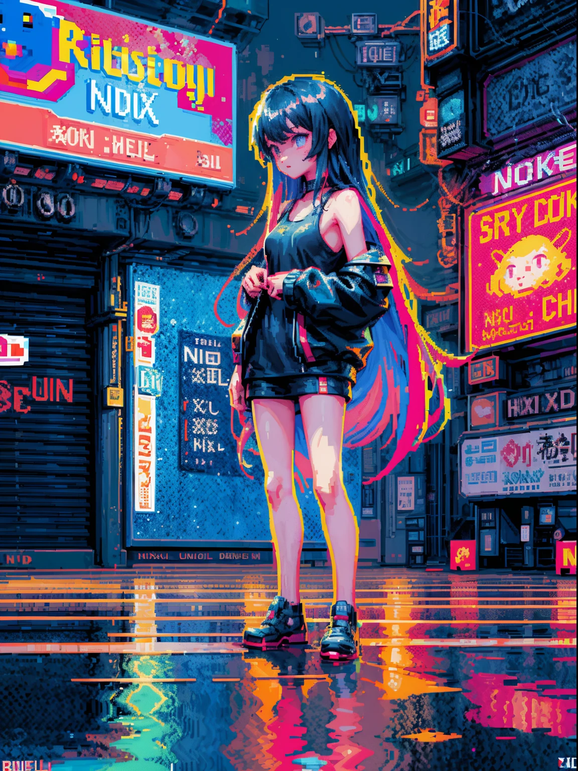 1girl, very long hair, (full body), Night, Street, Kitten, Small puddle, Rain, Neon Light, Hong Kong, Cyberpunk, Insert pocket, Strap, tank top, jacket, close up, ((((pixel art)))), depth of field, god rays, ray tracing, reflection light, Futurism, UHD, accurate, ((((masterpiece))))