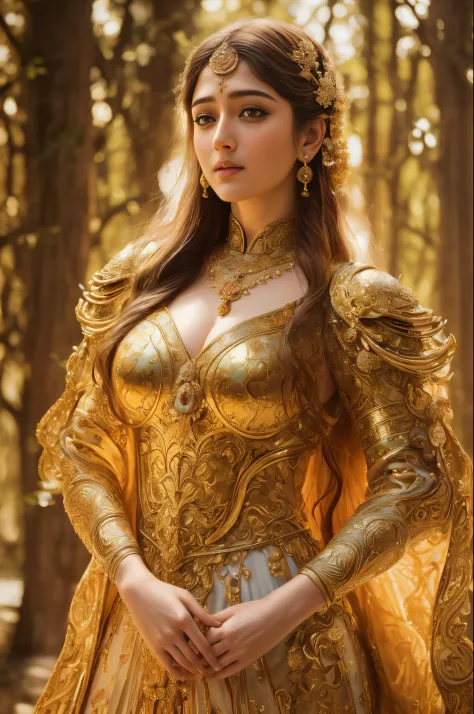 Face mix of Anushka Shetty and Nayanthara, a masterpiece ultrarealistic ultradetailed portrait of a beautiful girl in incredible goledn armor. baroque renaissance. in forest. medium shot, intricate, elegant, highly detailed. trending on artstation, digital...
