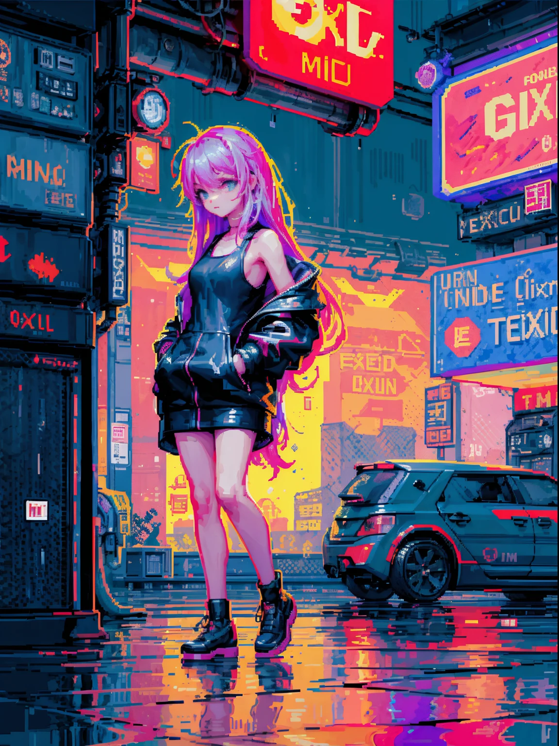 1girl, very long hair, (full body), Night, Street, Kitten, Small puddle, Rain, Neon Light, Hong Kong, Cyberpunk, Insert pocket, Strap, tank top, jacket, close up, ((((pixel art)))), depth of field, god rays, ray tracing, reflection light, Futurism, UHD, accurate, ((((masterpiece))))