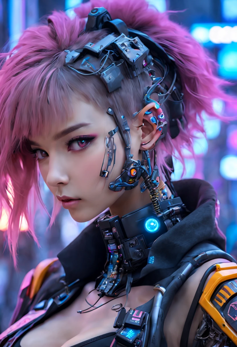 ((extremely delicate and beautiful cybernetic girl)), ((mechanical limb, blood vessels connected to tube, mechanical vertebrae)), ((mechanical cervical attaching to neck)), (wires and cables attaching to neck:1.2), ((mass of wires and cables on head)), ((wearing colorful Harajuku tech jacket with logos)), (character focuacing camera pose)), ((cowboy shot)), (masterpiece), (((best quality))), ((ultra-detailed)), (highly detailed photorealistic CG illustration), cinematic lighting, science fiction, extremely detailed,colorful,highest detail, (((cyberpunk city background, (Blade Runner), Harajuku district)))