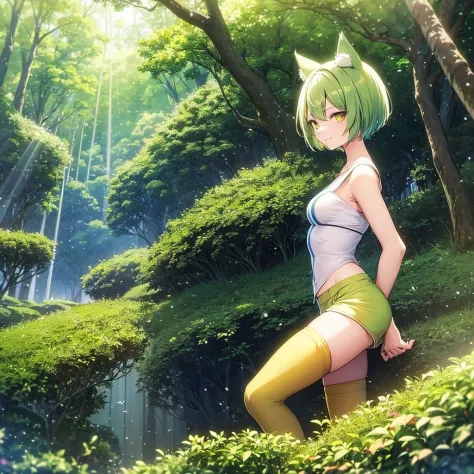 (1 anime semi-human girl) with cat ears and cat tail, short hair color: yellow, eyes: bright blue, medium breasts, with light ar...