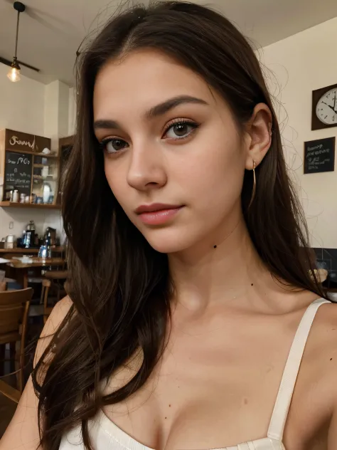 Photo of a 20 year old brunette woman, that  has a very natural face,  thin lips, thin eyes, thin eyebrows, thin nose, earrings, long eyelashes. She makes a cute selfie in a cafe