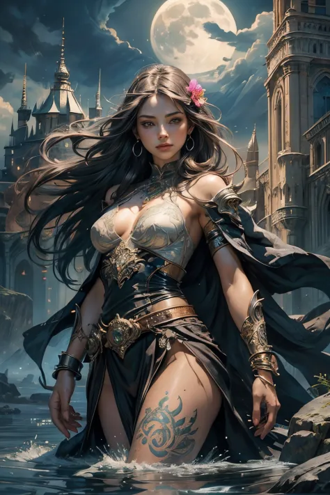 front view, (masterpiece), best quality, expressive eyes, perfect face, warrior woman, sword in left hand, half naked, steel bracelet, silver bracelet, bronze belt, exposed breasts, beautiful vagina, vagina with small soft hairs , woman with very long hair...