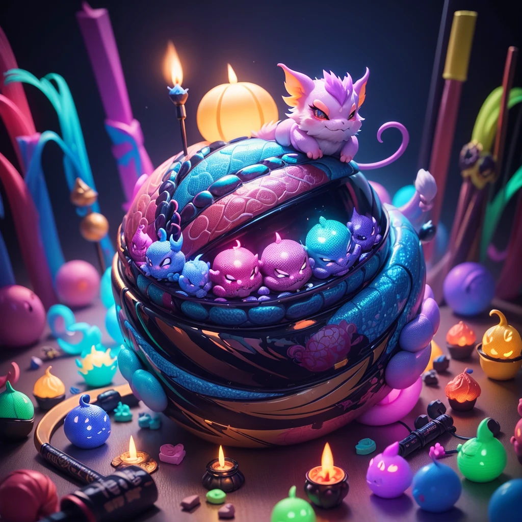 Chinese Dragon. in a pile of candle and candle canes, cute colorful, digital painting, cute detailed digital art, hyper colorful, neon coloring, cute digital art, beeple colors, colorful hd picure, beeple and jeremiah ketner, glowing lights! digital painting, cute 3 d render