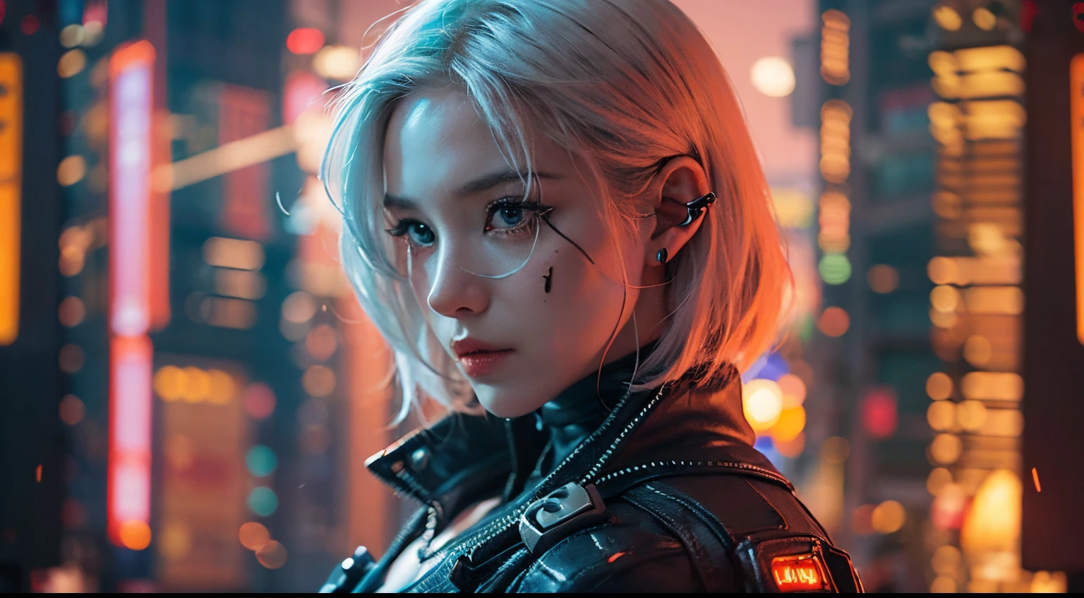 ((realisti, best quality, ​masterpiece: 1.3)), white hair, Beautiful cyberpunk woman, neon lights, movieposter, cinematic view, face to viewer, human robot, cyberpunk mask, hellcore, fire, sparks, smoke, upper body, dark, Apocalypse, bright, explosions,