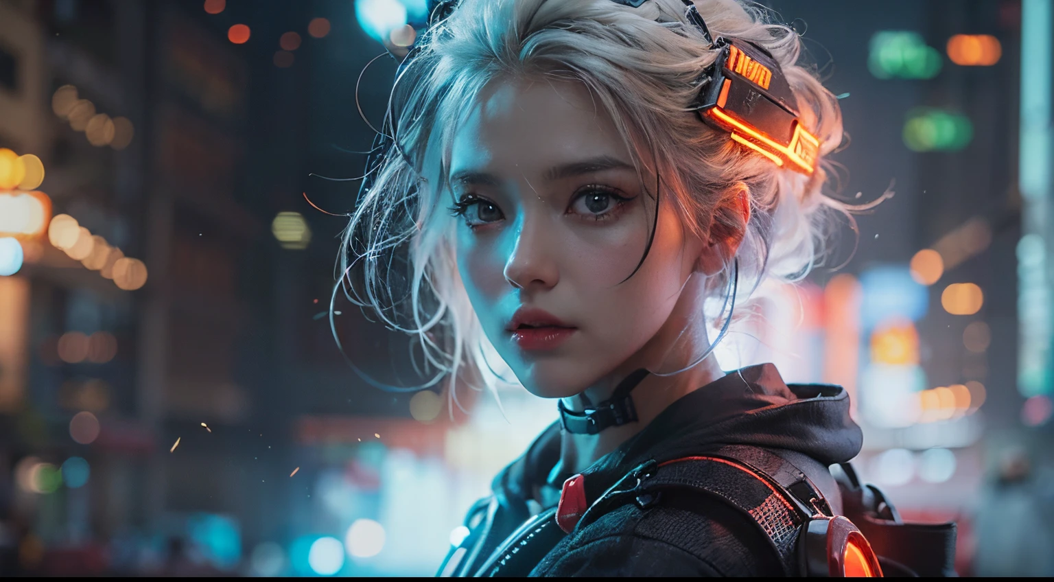 ((realisti, best quality, ​masterpiece: 1.3)), white hair, Beautiful cyberpunk woman, neon lights, movieposter, cinematic view, face to viewer, human robot, cyberpunk mask, hellcore, fire, sparks, smoke, upper body, dark, Apocalypse, bright, explosions,