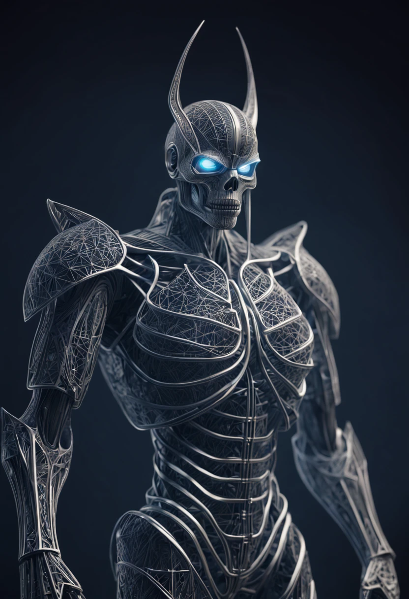 A wireframe warrior, defined by its skeletal structure made up of intersecting lines, is depicted in this visually striking digital artwork. The intricate wireframe design creates a three-dimensional effect, showcasing the expert craftsmanship and attention to detail. The image captures the essence of futuristic technology, with sleek and sharp lines that exude confidence and strength. The high-quality rendering of the wireframe warrior brings out its mesmerizing beauty, captivating viewers with its precision and complexity.,more detail XL