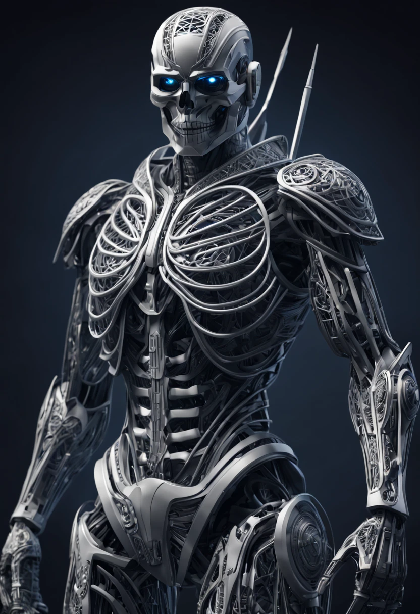 A wireframe warrior, defined by its skeletal structure made up of intersecting lines, is depicted in this visually striking digital artwork. The intricate wireframe design creates a three-dimensional effect, showcasing the expert craftsmanship and attention to detail. The image captures the essence of futuristic technology, with sleek and sharp lines that exude confidence and strength. The high-quality rendering of the wireframe warrior brings out its mesmerizing beauty, captivating viewers with its precision and complexity.,more detail XL