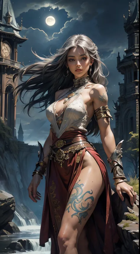 front view, (masterpiece), best quality, expressive eyes, perfect face, warrior woman, sword in left hand, half naked, steel bracelet, silver bracelet, bronze belt, exposed breasts, beautiful vagina, vagina with small soft hairs , woman with very long hair...