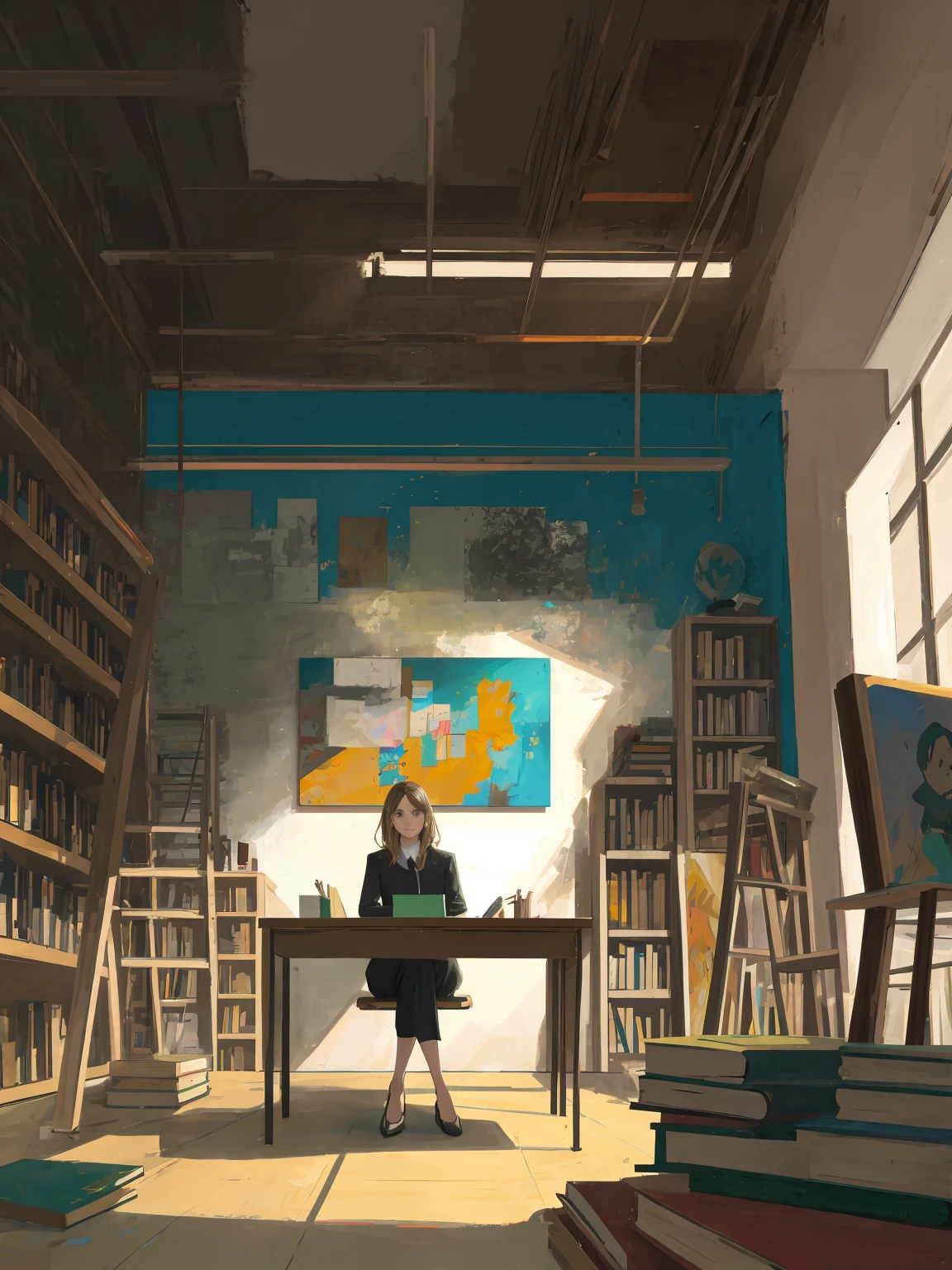 una mujer moderna sentada en un escritorio frente a libros con una gran pintura