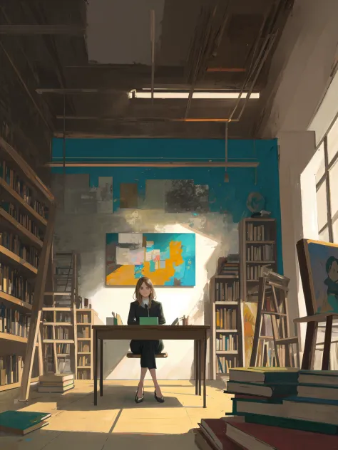 a modern woman sitting at a desk in front of books with big painting
