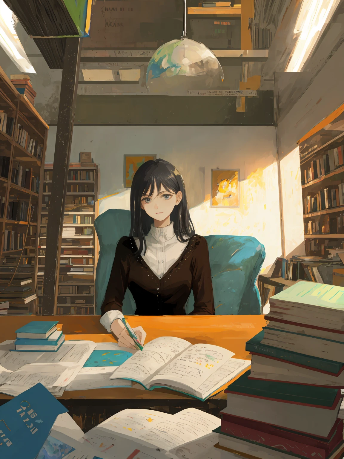 a modern woman sitting at a desk in front of books with big painting