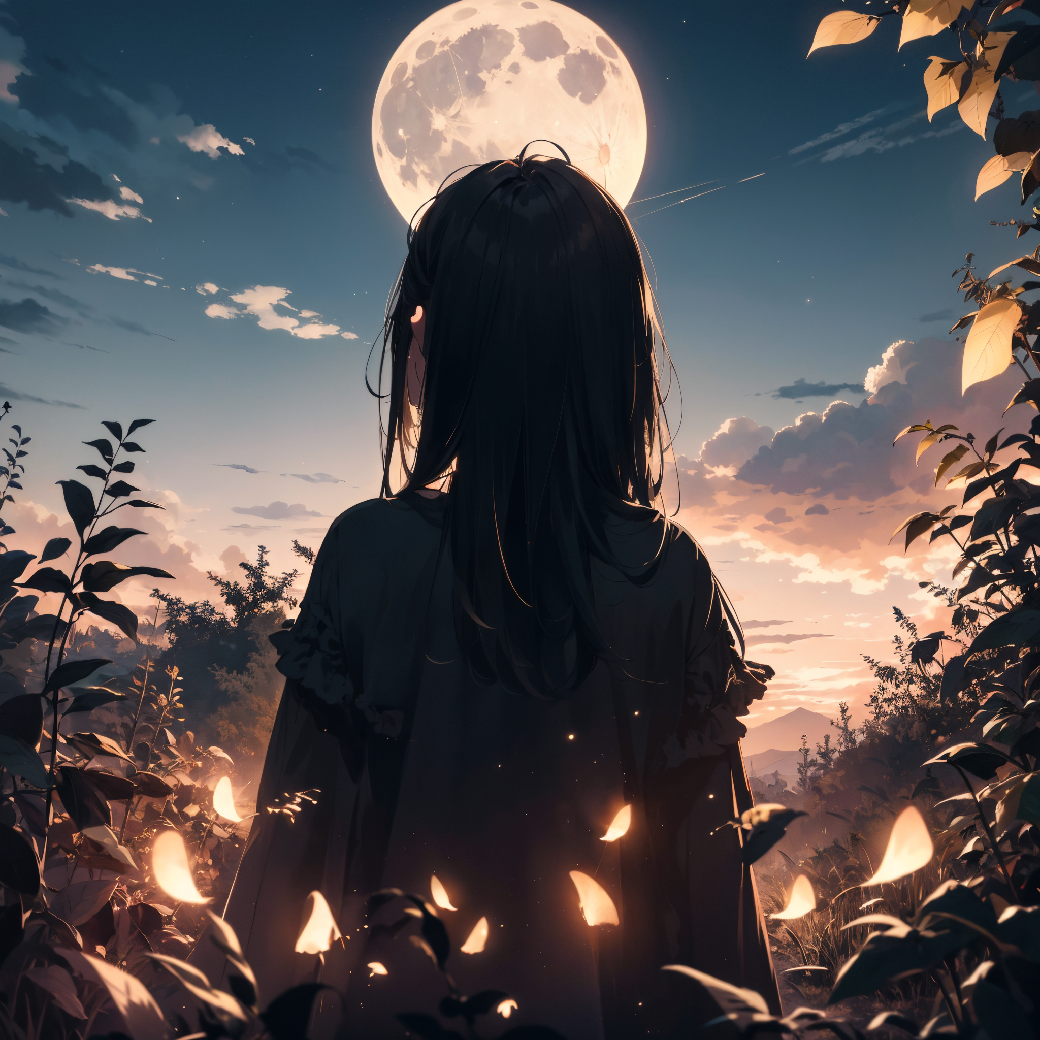 Masterpiece, best quality, night, hills, clouds, full moon, long hair, woman, silhouette, fireflies.