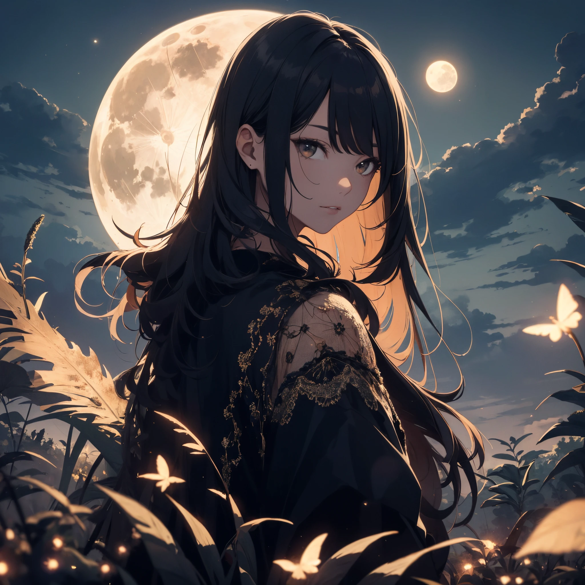 Masterpiece, best quality, night, hills, clouds, full moon, long hair, woman, silhouette, fireflies.