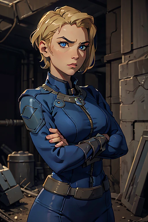 best quality)), ((masterpiece)), (detailed), 1girl, perfect face, serious face, serious, crossed arms,perfect hands,f ive finger, Fallout, portrait from the waist up, facing the camera, Apocalyptic, Crypt suit, perfect eyes, blue crypt suit, short blonde hair, very short cut thick