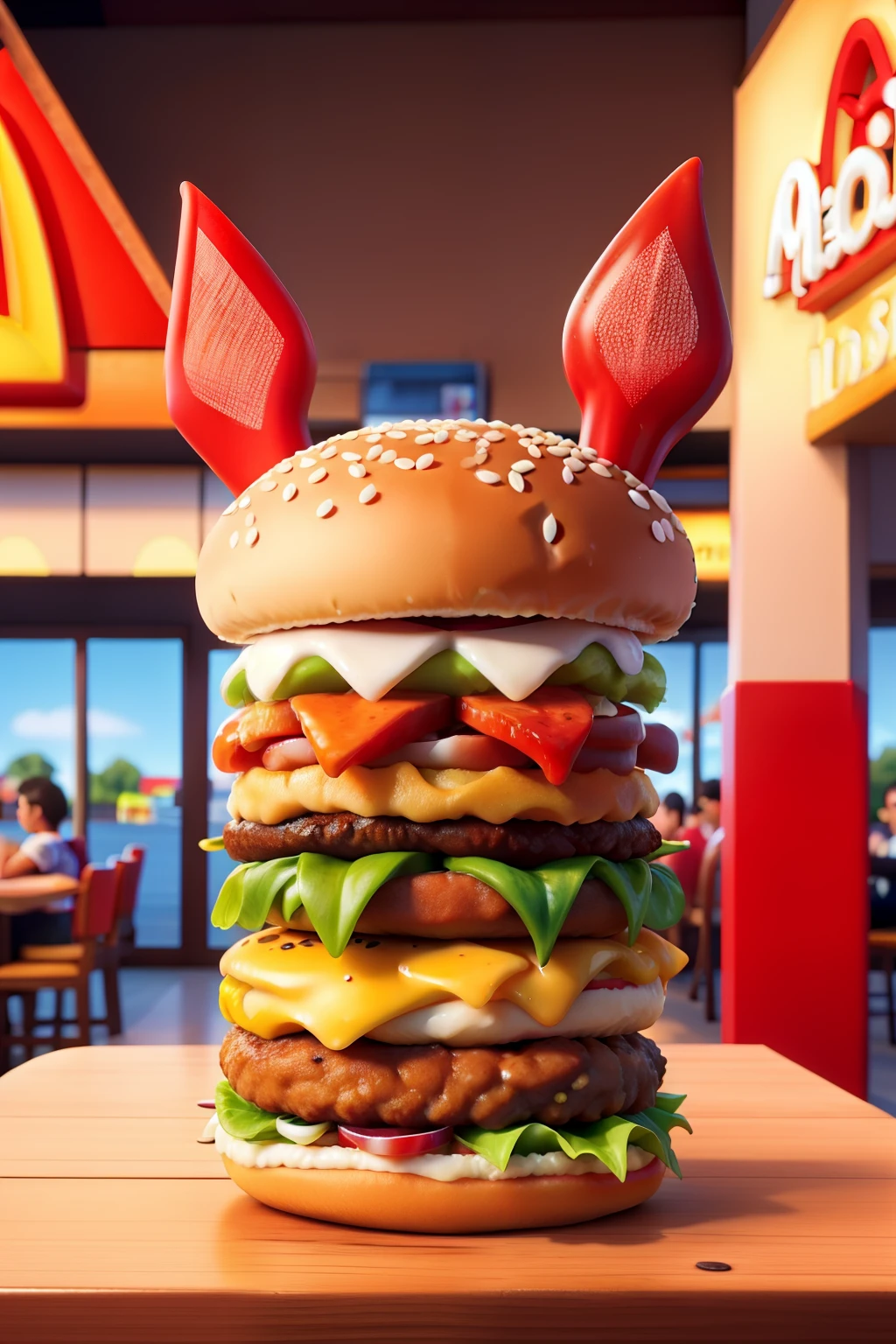 A close up of a large hamburger with ears on top of it - SeaArt AI