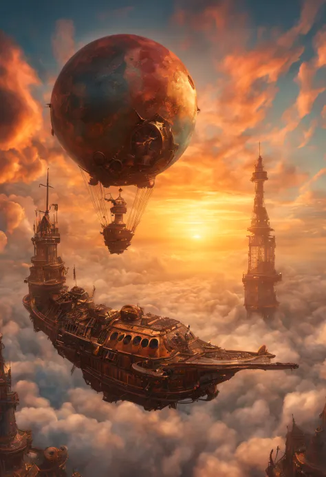 a magnificent sunset on a strange and mysterious steampunk dream planete. It's very textured and detailed with dreaming lot of w...
