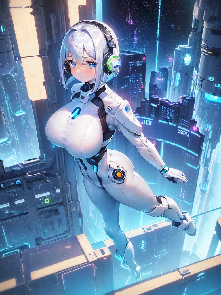 ​masterpiece:1.4, 1girl in ((20yr old, Wearing a futuristic white and silver costume, Tight Fit Bodysuit, long boots, Very gigantic-breasts, Multicolored blonde hair, a short bob, Perfect model body, Blue eyes:1.2, Wearing headphones, Looking out the window of the futuristic sci-fi space station、While admiring the beautiful galaxy:1.2, SFSF control room on night background:1.1, Neon and energetic atmosphere:1.2)) ((Galaxy))