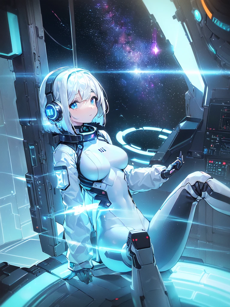 ​masterpiece:1.4, 1girl in ((20yr old, Wearing a futuristic white and silver costume, Tight Fit Bodysuit, long boots, Very gigantic-breasts, Multicolored blonde hair, a short bob, Perfect model body, Blue eyes:1.2, Wearing headphones, Looking out the window of the futuristic sci-fi space station、While admiring the beautiful galaxy:1.2, SFSF control room on night background:1.1, Neon and energetic atmosphere:1.2)) ((Galaxy))