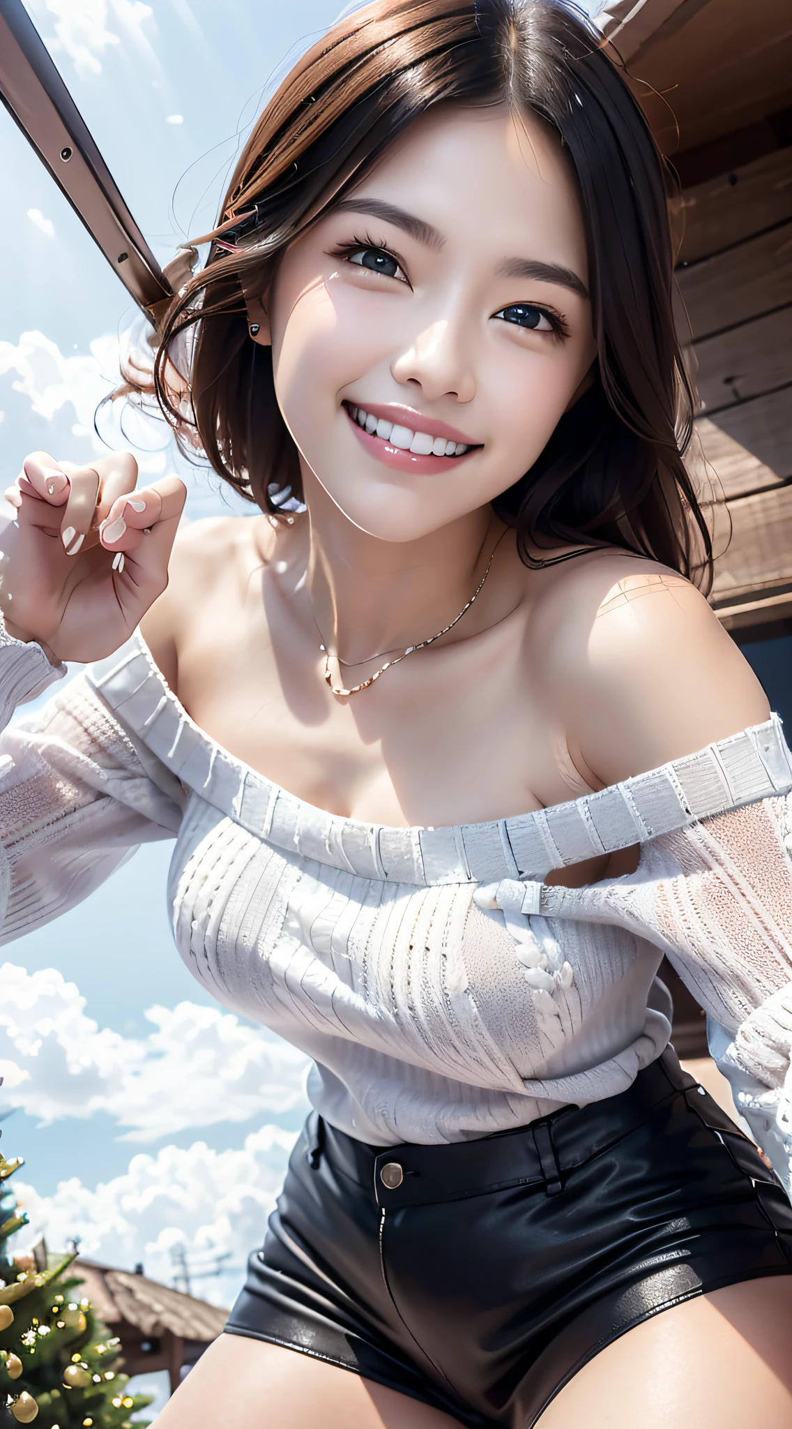 (Beautiful face of a shining woman, Highly detailed)、 (realisitic、８K)、Single Female、42 year old、（waist-length hair）、 (extremely detailed CG unified 8k wallpaper)、  Professional Photography、 Realistic Photos、 (white off-shoulder sweater:1.8)、((A smile:1.8))、 (cleavage:1.3)、（large boob）、（Futomo）、((Christmas,  Christmas tree))、  (Black leather shorts:1.3)、、 Beautiful sunset、 depth of fields、 (View from below:1.5)、Looking at the camera、Light reflected in the eyes、one mole around the eye