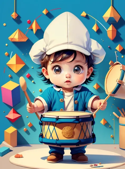 Seorang anak kecil dengan drum dan topiSeorang anak kecil dengan drum dan topi  